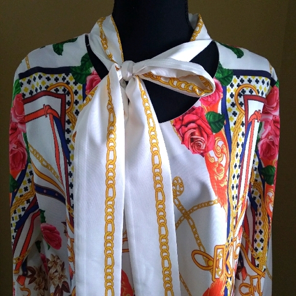 Women's Long Sleeve V-NECK Tie Multi-Color Flower Print Shirt-Size Large - Picture 2 of 10